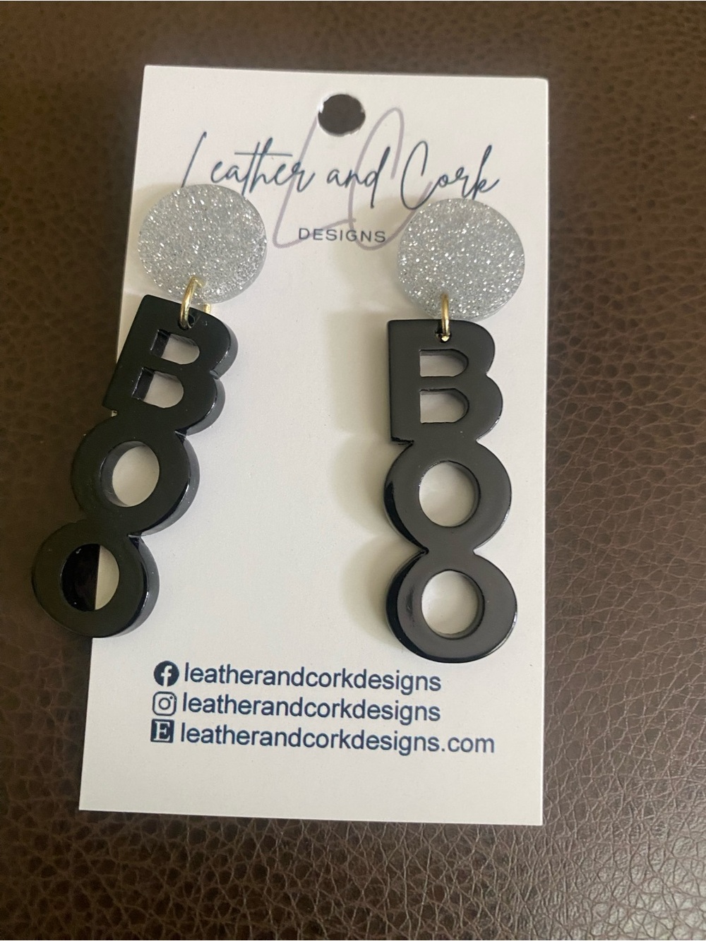 Leather and Cork Handmade Black 'BOO' Dangle Earrings with Silver Glitter Stud